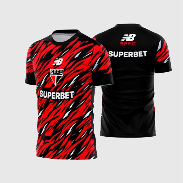 Arte Camisa São Paulo Pré-Jogo 2026 - 2027.jpg apresenta o mockup da camisa pré-jogo do São Paulo FC na cor preta com ranhuras dinâmicas em vermelho e branco, escudo SPFC centralizado, patrocínios Superbet na frente e costas para sublimação total CorelDRAW.