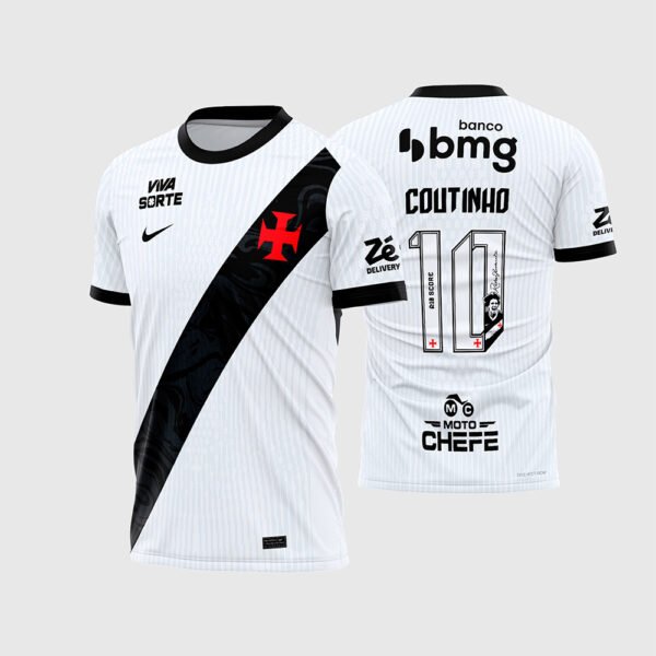 Arte Camisa do Vasco Reserva 2026 - 2027.jpg apresenta o mockup do uniforme reserva do Vasco da Gama na cor branca com faixa diagonal preta texturizada, Cruz de Cristo vermelha, patrocínios Banco BMG, Viva Sorte, Zé Delivery, Moto Chefe e layout traseiro oficial com o número 10 e nome Coutinho para sublimação total CorelDRAW.