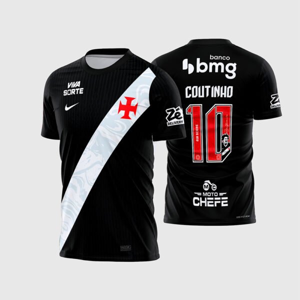 Vasco da Gama Titular 2026-27 02.jpg apresenta o mockup do uniforme titular do Vasco da Gama na cor preta com faixa diagonal branca texturizada, Cruz de Cristo vermelha, patrocínios Banco BMG, Viva Sorte, Zé Delivery, Moto Chefe e layout traseiro oficial com o número 10 e nome Coutinho para sublimação total CorelDRAW.