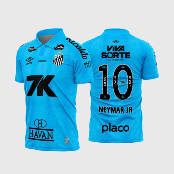 Arte Camisa Santos Titular 2026 - 2027.jpg apresenta o mockup do uniforme titular do Santos FC na cor branca com detalhes em dourado, coroa sobre o escudo, patrocínios Novibet, Boali, iFood, Placo e layout traseiro oficial com o número 10 e nome Neymar Jr para sublimação total CorelDRAW.