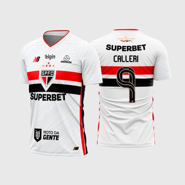 Arte Vetor Camisa São Paulo Titular 2026 - 2027.jpg apresenta o mockup do uniforme titular do São Paulo FC na cor branca com faixas horizontais vermelha e preta, escudo centralizado, patrocínios Superbet, Elgin, Ademicon, Moto da Gente, e layout traseiro oficial com o número 9 e nome Calleri para sublimação total CorelDRAW.