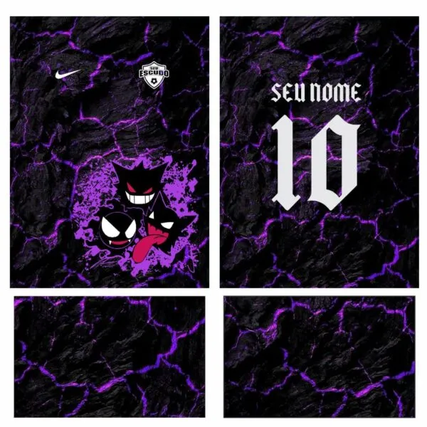 Imagem do design exclusivo da Arte Vetor Gengar Nike Interclasse 2024. Com detalhes nítidos e um visual moderno, a arte destaca o icônico Gengar em uma pose dinâmica, ideal para personalização de camisas e produtos de tecido. Perfeita para eventos de interclasse, garantindo um visual único e impactante.