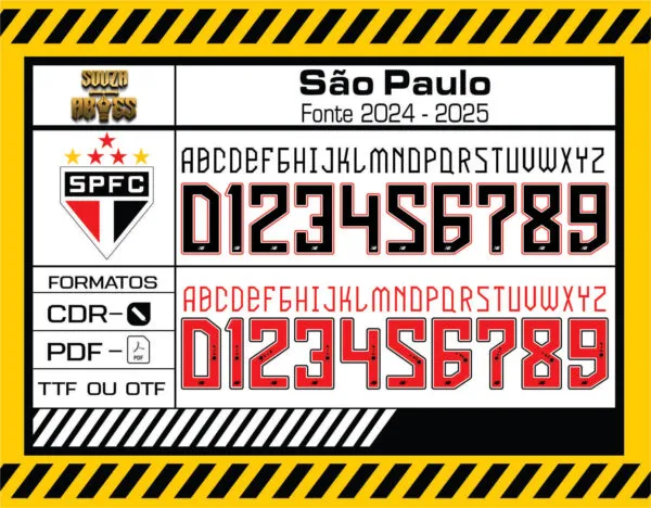Imagem mostrando a Fonte São Paulo 2024 - 2025, disponível nos formatos TTF, CDR e PDF, ideal para empresas de sublimação e personalização de camisas esportivas. Produto digital da loja Souza Artes com download automático.