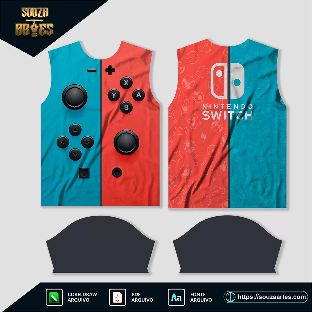 Estampa vetorizada de camisa com tema Nintendo Switch, em formatos Corel Draw X7 e PDF, perfeita para personalização e impressão de alta qualidade.