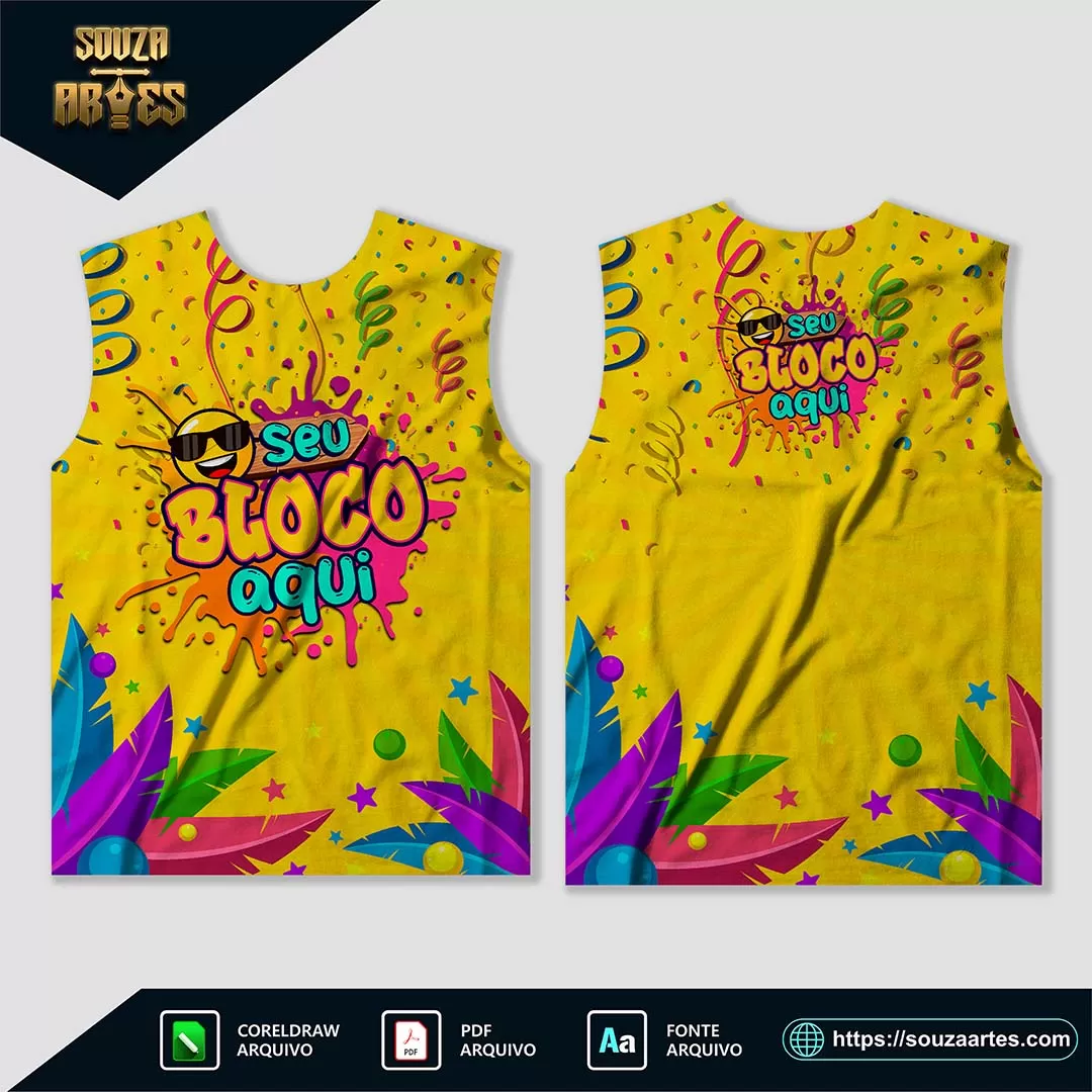 Arte Vetor Camisa Abadá Bloco Carnaval 2025 para sublimação, em formato editável, ideal para personalizar abadás de blocos carnavalescos.