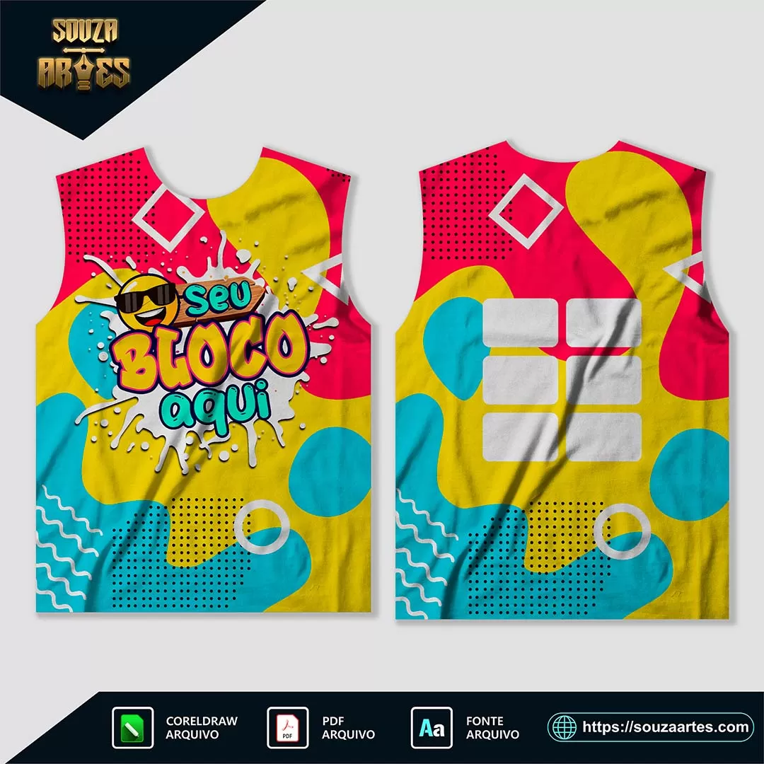 Arte Vetor Camisa Abadá Bloco Carnaval 2025 para sublimação, em formato editável, ideal para personalizar abadás de blocos carnavalescos.