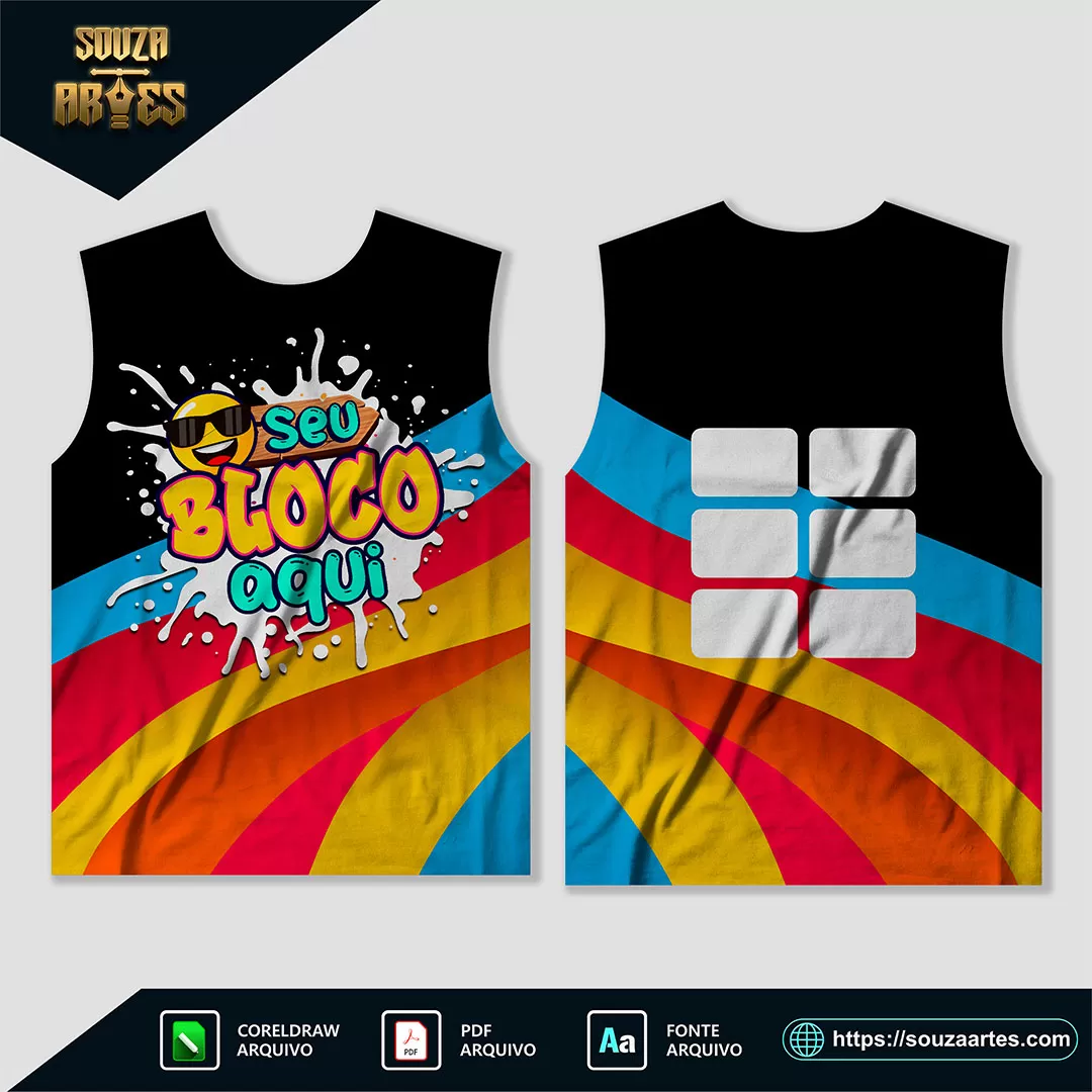 Arte Vetor Camisa Abadá Bloco Carnaval 2025 para sublimação, em formato editável, ideal para personalizar abadás de blocos carnavalescos.