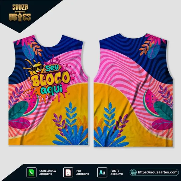 Design vetorial do Abadá Bloco Carnaval 2025 Sublimação – Modelo 27, editável em Corel Draw X7 e PDF