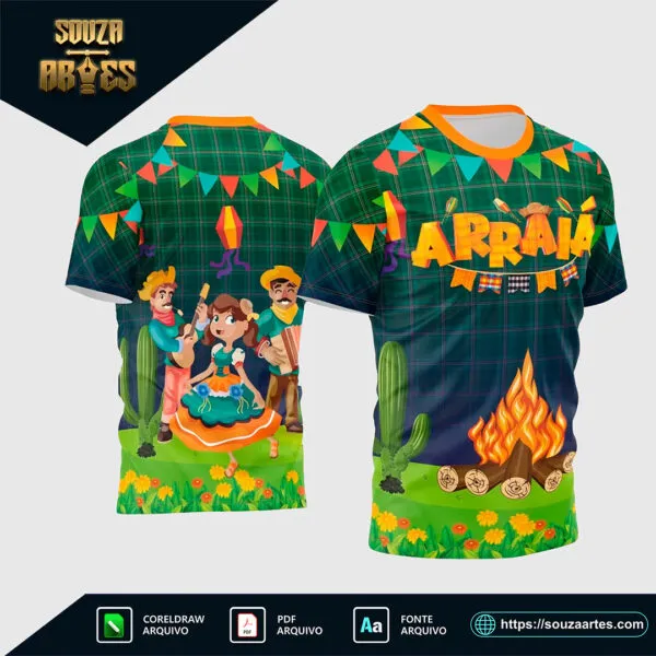 Estampa Vetor de Camisa temática São João 2025 com elementos juninos em vetor editável no Corel Draw X7